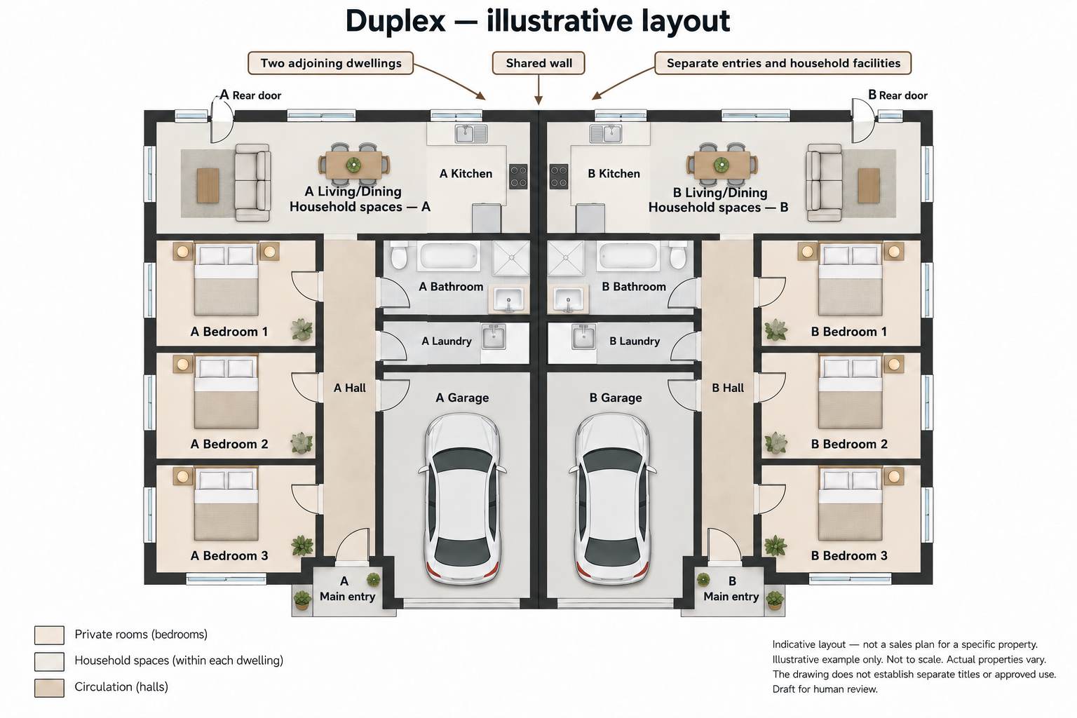 illustrative floor plan of two adjoining three-bedroom dwellings side by side, with a continuous shared wall, no internal connection, separate entries, kitchens, bathrooms, laundries, and single garages. Not a property for sale.
