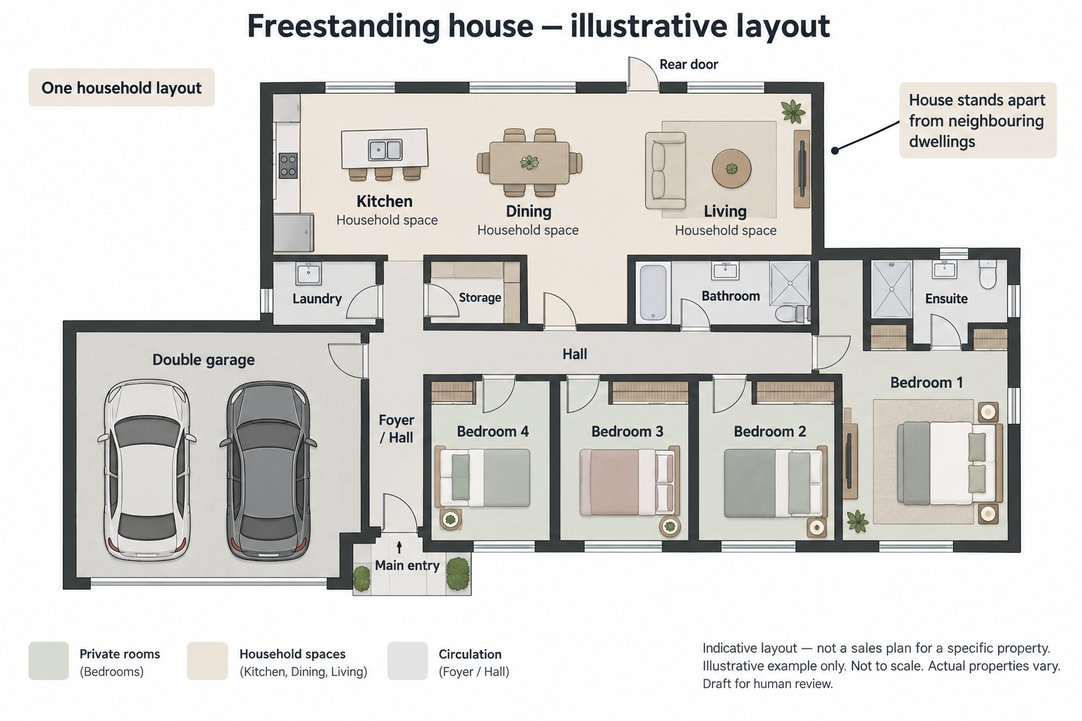 illustrative floor plan of a house that stands apart, with four bedrooms, two bathrooms including an ensuite, a kitchen, dining and living area, and a double garage. Not a property for sale.